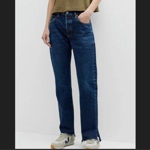 Moussy Vintage Inkster Straight Dark Wash Slit Fray Hem Jeans Size 28